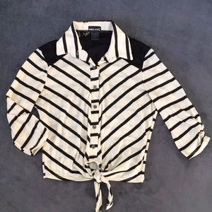 Wet Seal Cropped tie button down Stripes And Lace Detail Top